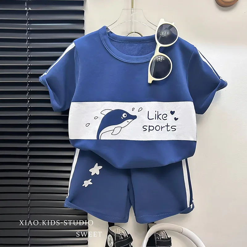 2024 New Kids Short Sleeve Suit Striped Girls Boys Set Summer Tops +short Baby Clothes Children's Wear