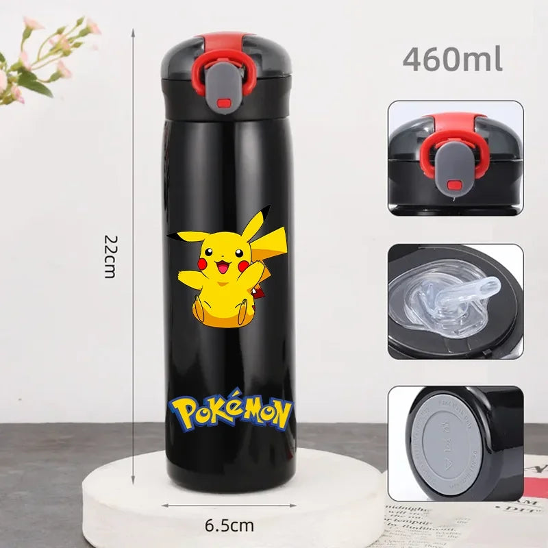 Pokemon 460ML Pikachu Portable Kids Thermos Mug with Straw Stainless Steel Cartoon Vacuum Flasks Cute Thermal Water Bottle