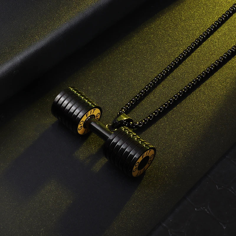 Fashionable dumbbell necklace designed for muscle men, perfect for sports and fitness. It's a great couple's gift and fits well with hip hop gym trends. Ideal jewelry for fitness lovers!