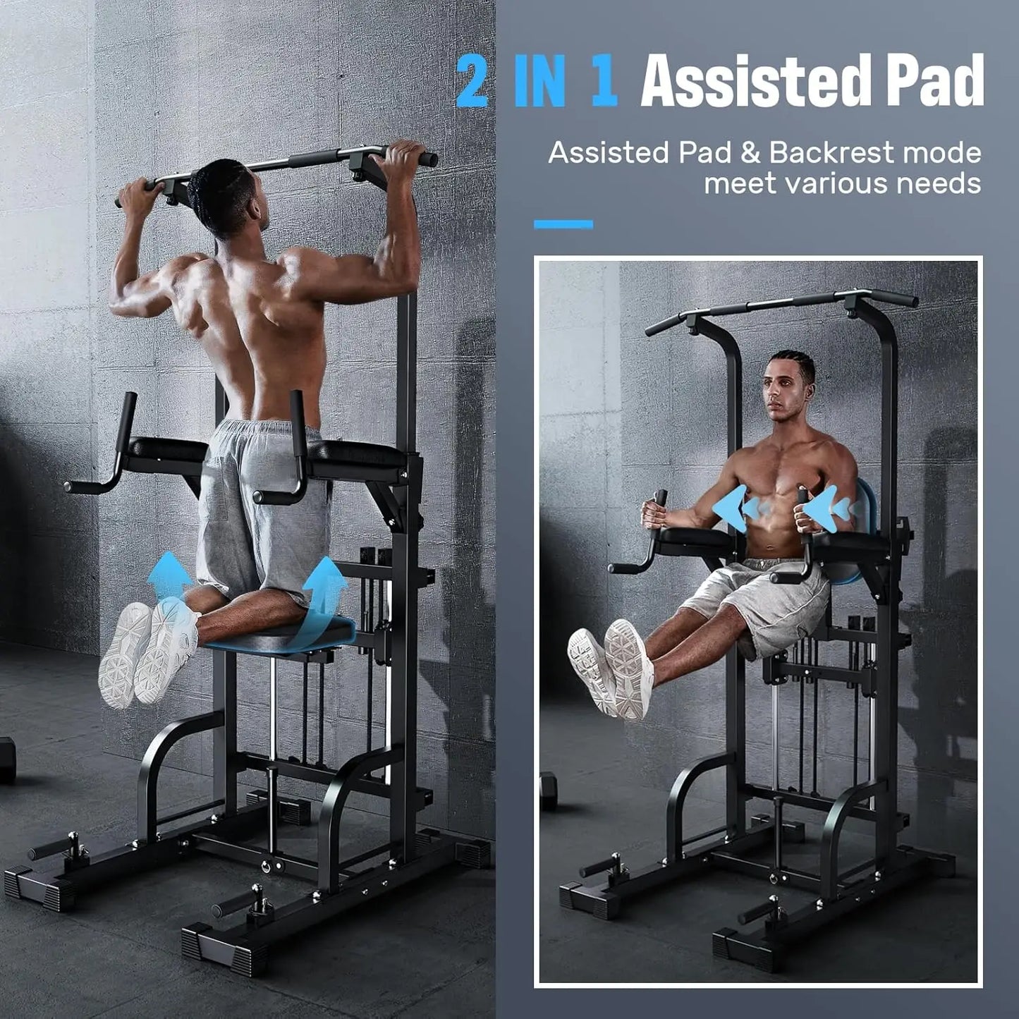 Power Tower Pull-Up and Dip Station Assistive Trainer – Versatile Home Gym Equipment for Strength Training and Fitness.