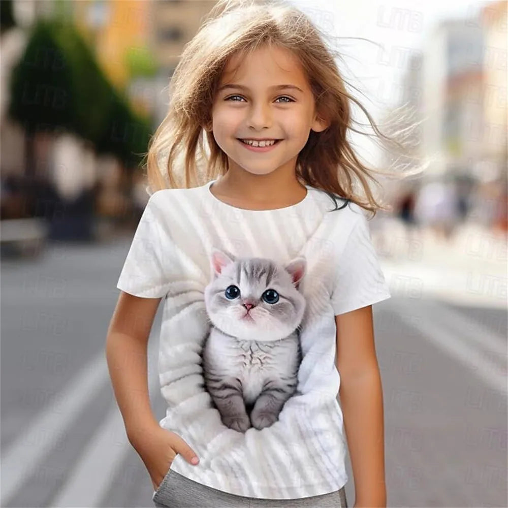 Kids Girls' Clothes 3D Cat Print Tee Shirt Short Sleeve Children's Clothing Fashion Costumes for Girls Top Aged from 2 To12 Year