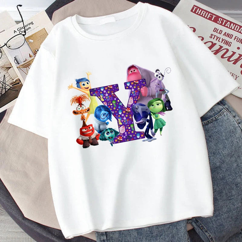 Disney Inside Out 2 Kids Cotton T-Shirt Anime Cartoon 26 Letter Printed Top Summer Loose Comfort Pullover Casual Clothes Gifts