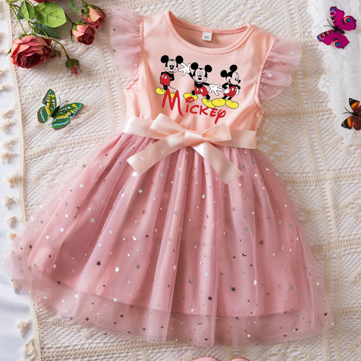 Mickey Minnie Mouse Girls Summer Clothes Flying Sleeves Bow Sequin Dress 2-6Y Kid Birthday Tutu Princess Dress for Baby Girl