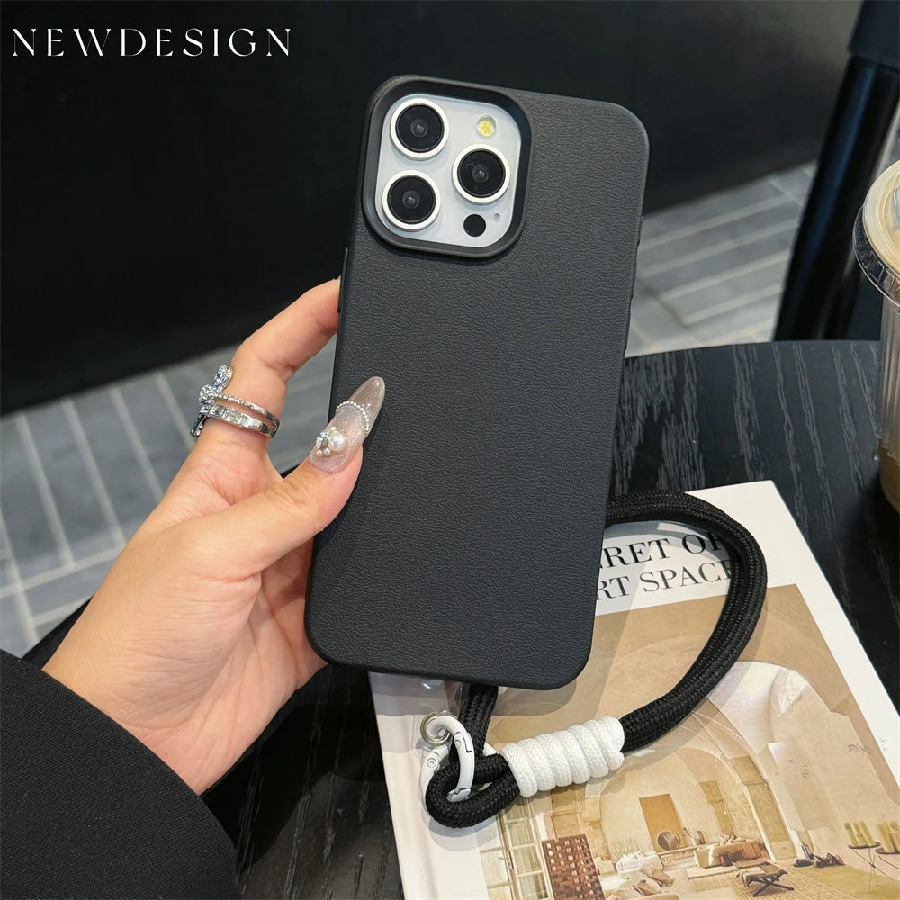 Fashion Cute Candy Leather Texture With Wrist Strap Case For iPhone 15 14 11 12 13 16 Pro Max Plus X XR XsMax Solid Color Cover