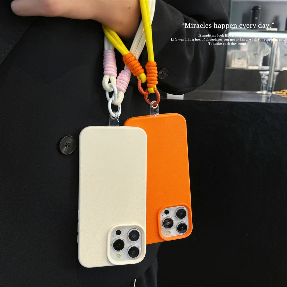 Fashion Cute Candy Leather Texture With Wrist Strap Case For iPhone 15 14 11 12 13 16 Pro Max Plus X XR XsMax Solid Color Cover