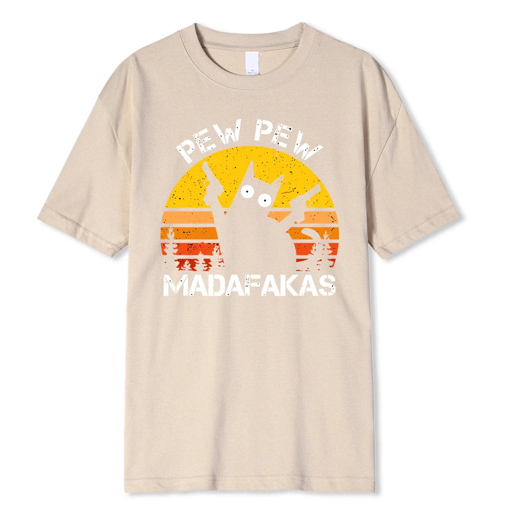 Pew Pew Madafakas Cat With Two Guns Printing Men T Shirts Summer Cotton T-Shirts Breathable Loose Clothes Hip Hop Street Tees