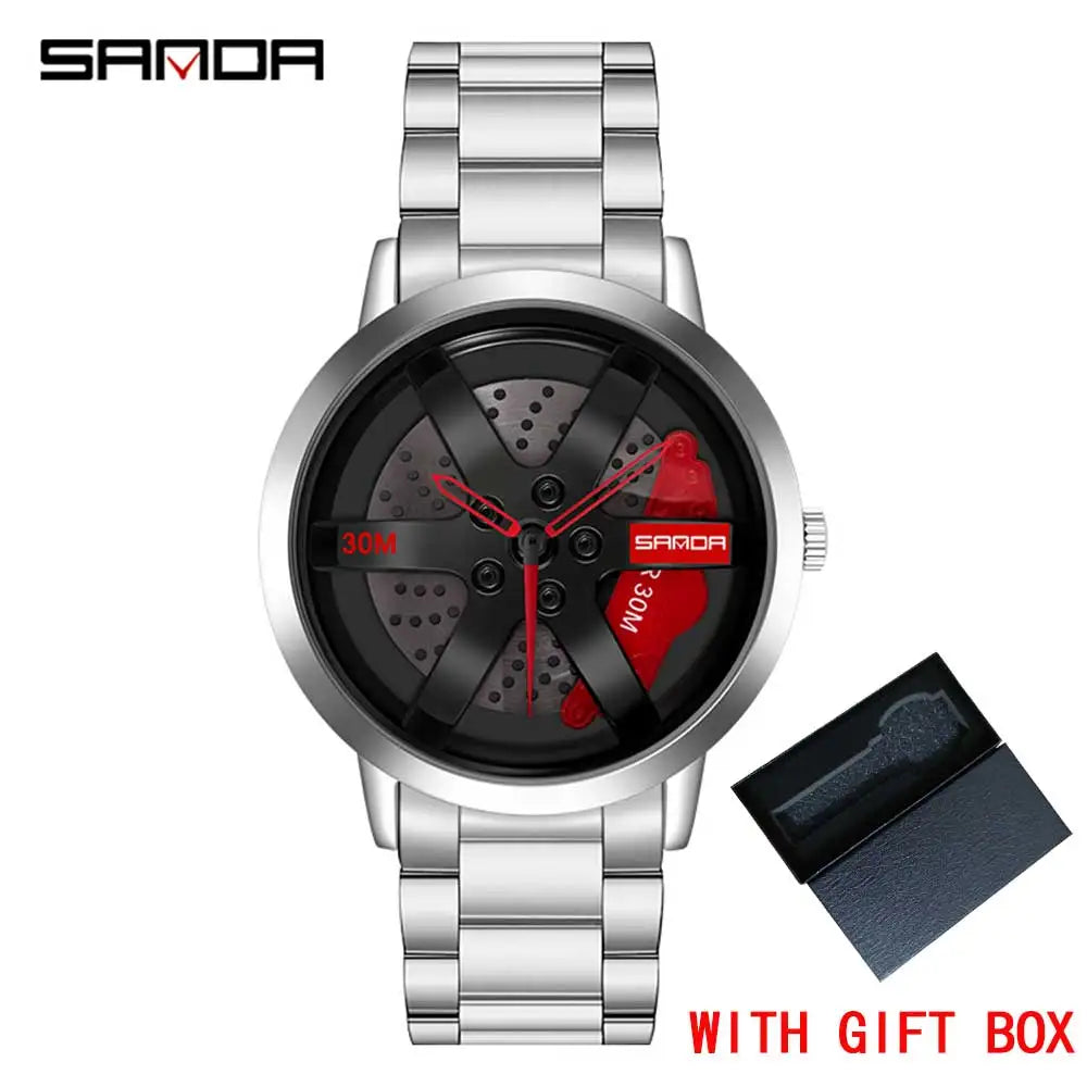 SANDA Fashion Rim Watch Hub Custom Design Sports Car Rim Sports Watch Waterproof Creative 2021 Male Watch Mens Wheel Wristwatch