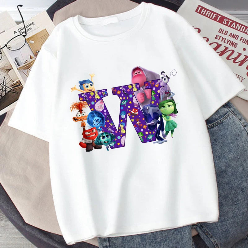 Disney Inside Out 2 Kids Cotton T-Shirt Anime Cartoon 26 Letter Printed Top Summer Loose Comfort Pullover Casual Clothes Gifts