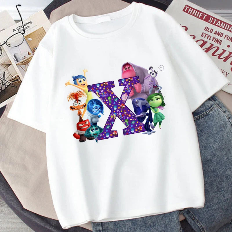 Disney Inside Out 2 Kids Cotton T-Shirt Anime Cartoon 26 Letter Printed Top Summer Loose Comfort Pullover Casual Clothes Gifts