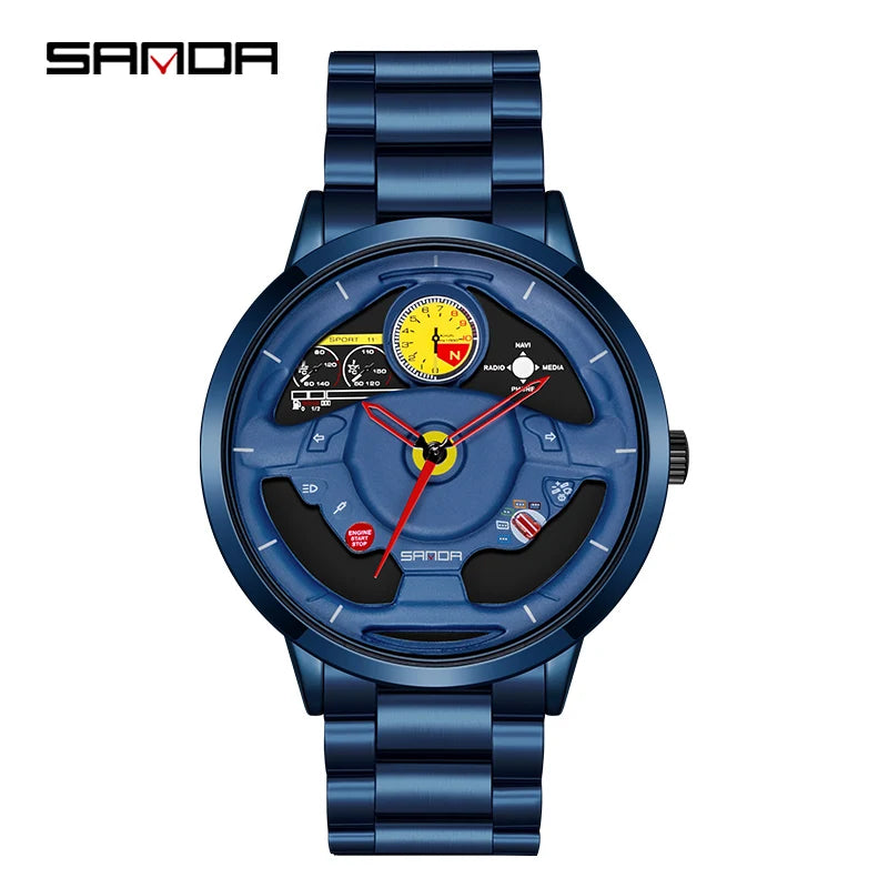 Fashion Sanda Top Brand Innovative Skeleton Men Sports Car Steering Wheel Waterproof Stainless Steel And Leather Quartz Watches