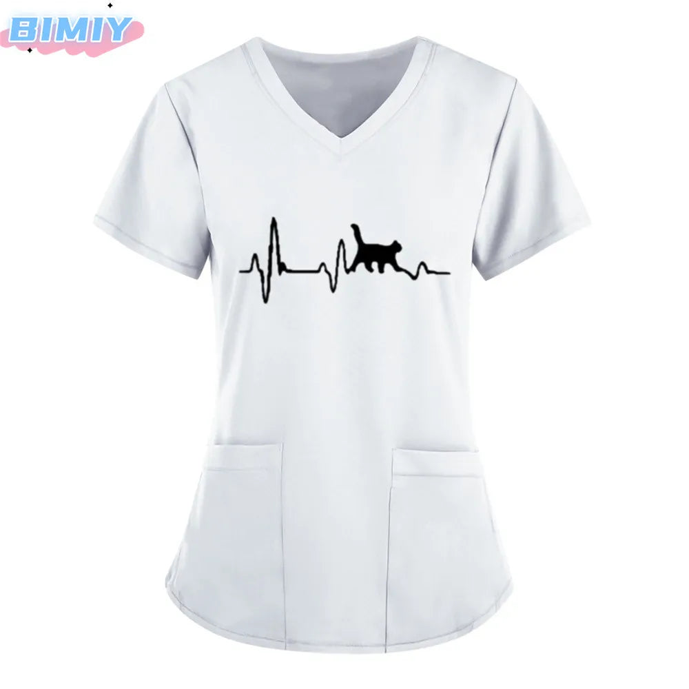 Letter Love Heart Nurse Uniform Print Tops V-Neck Pocket Medical Uniforms Nursing Scrubs Tops Working Clothes uniforme enfermera