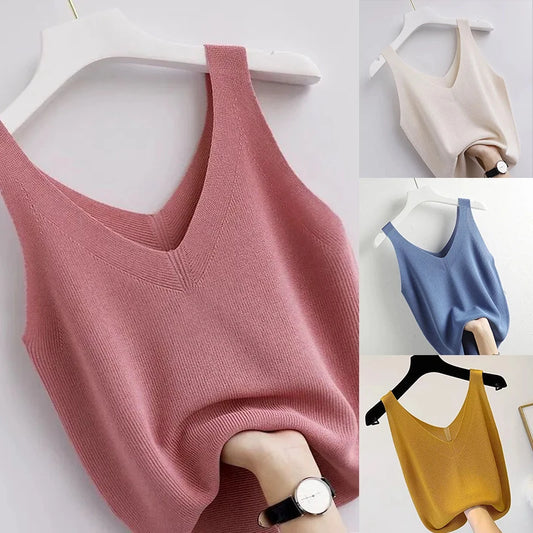 Knitting Vintage Tank Top V-Neck Sleeveless Aesthetic Loose Summer Clothes For Women Solid Basic Elegant  Women's clothing