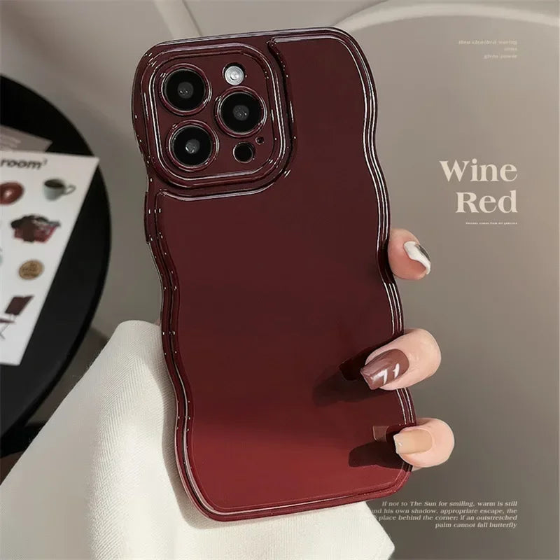 Korean Air Cushion Wave Gorgeous Wine Red Phone Case For iPhone 16 11 12 13 14 Plus 15 Pro Max Protection Shockproof Soft Cover