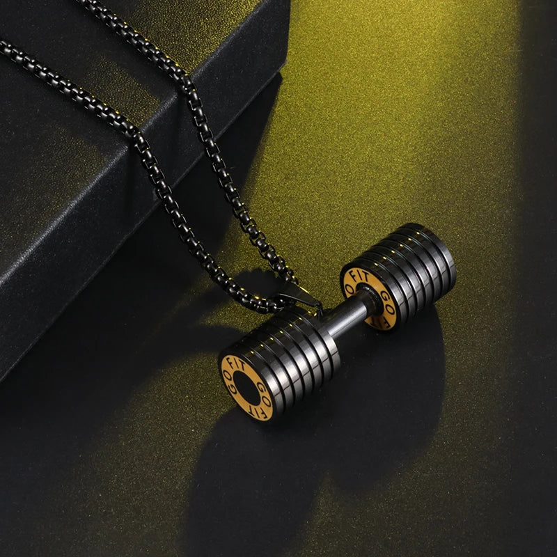 Fashionable dumbbell necklace designed for muscle men, perfect for sports and fitness. It's a great couple's gift and fits well with hip hop gym trends. Ideal jewelry for fitness lovers!