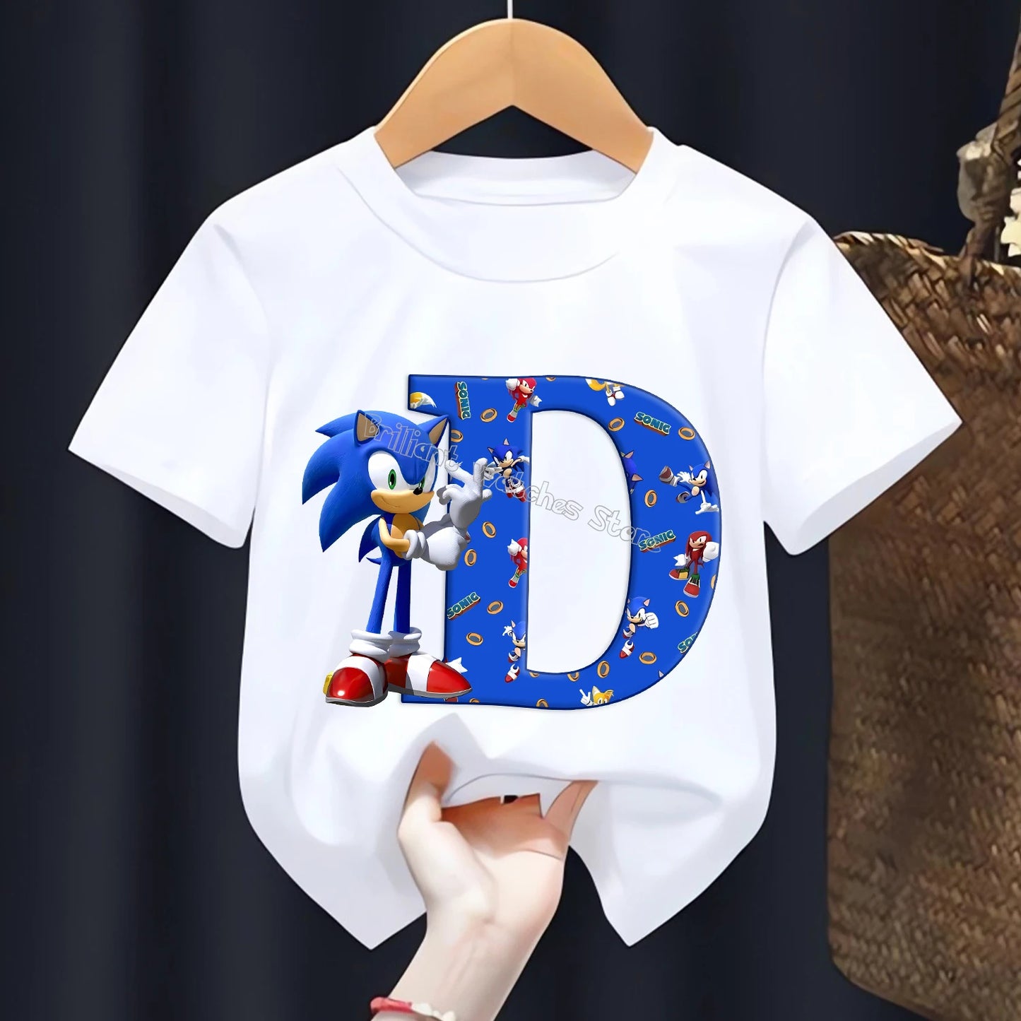 Sonic T-shirt for Children Letters A-Z Tee Top Cartoon Boys Clothes Fashion White Short Sleeve Kids Anime Loose Clothing Gift