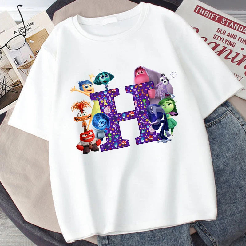 Disney Inside Out 2 Kids Cotton T-Shirt Anime Cartoon 26 Letter Printed Top Summer Loose Comfort Pullover Casual Clothes Gifts