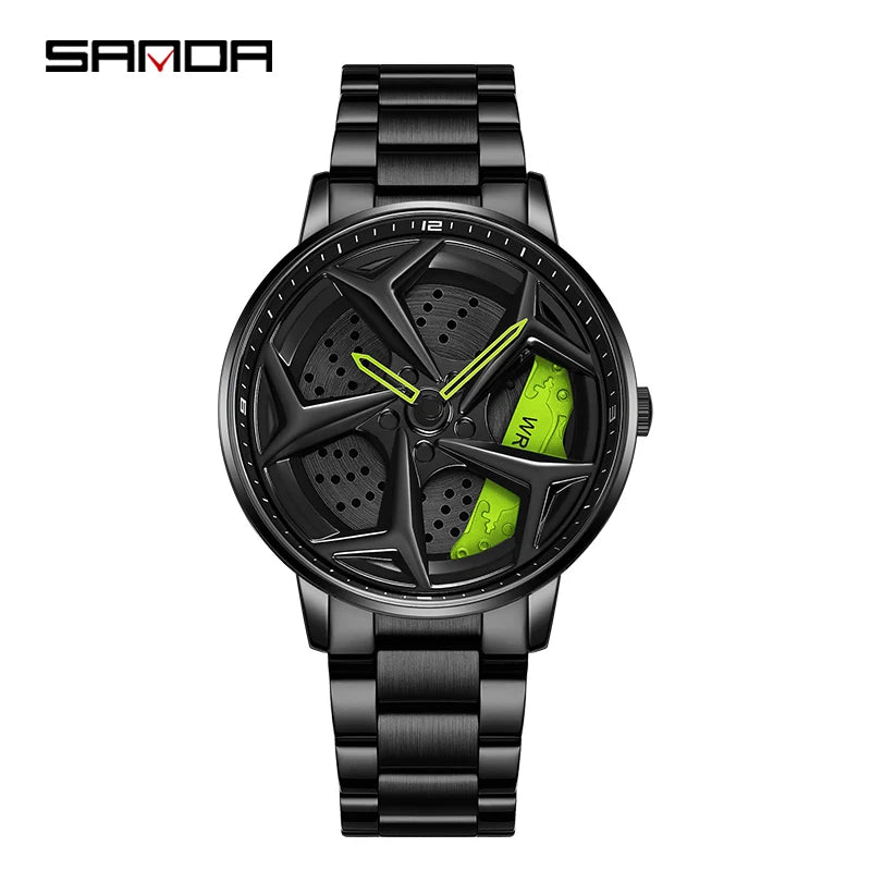 SANDA P1087 Top Brand Sport Car Wheel Rim Hub Watches For GTR Men Super Watch Stainless Steel Waterproof WristWatch Male Reloj