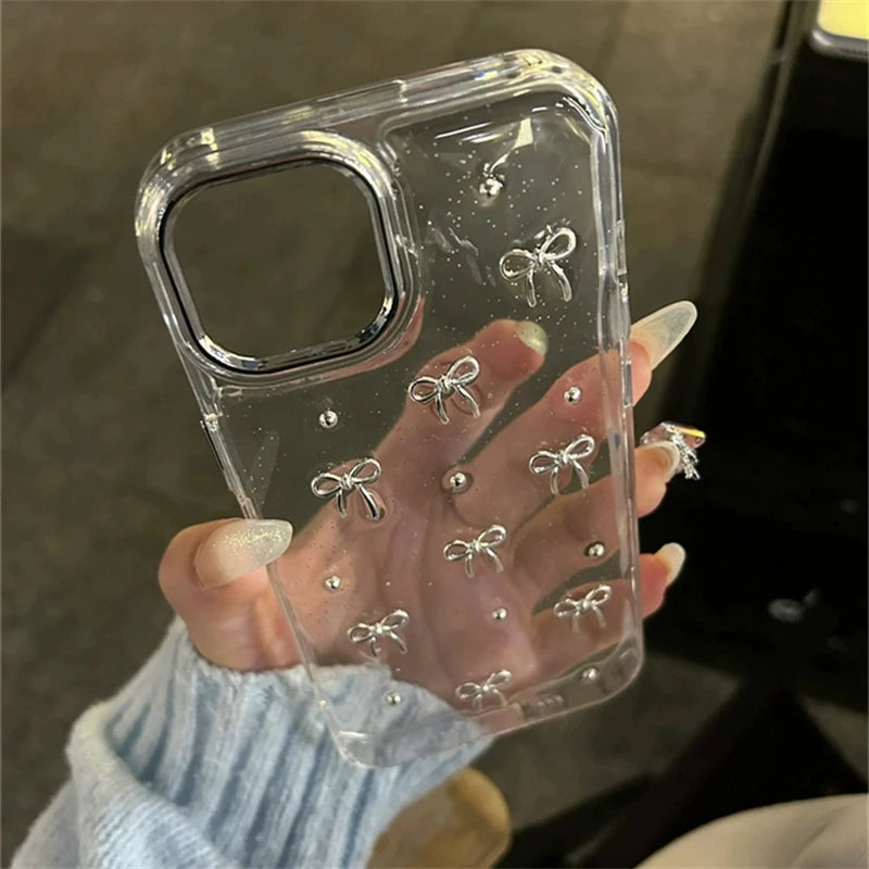 INS Korea Glitter 3D Silver Bow Beads Phone Case For iPhone 16 15 14 13 12 11 Pro Max 7 8 Plus X XS Epoxy Shell Girl Clear Cover