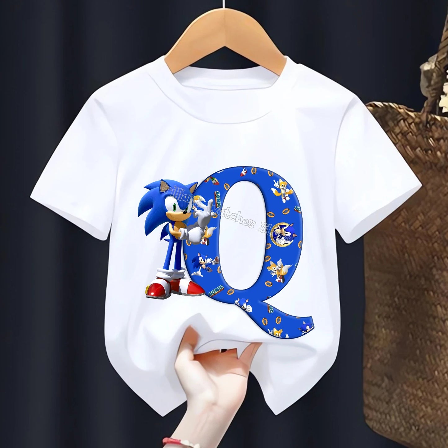 Sonic T-shirt for Children Letters A-Z Tee Top Cartoon Boys Clothes Fashion White Short Sleeve Kids Anime Loose Clothing Gift