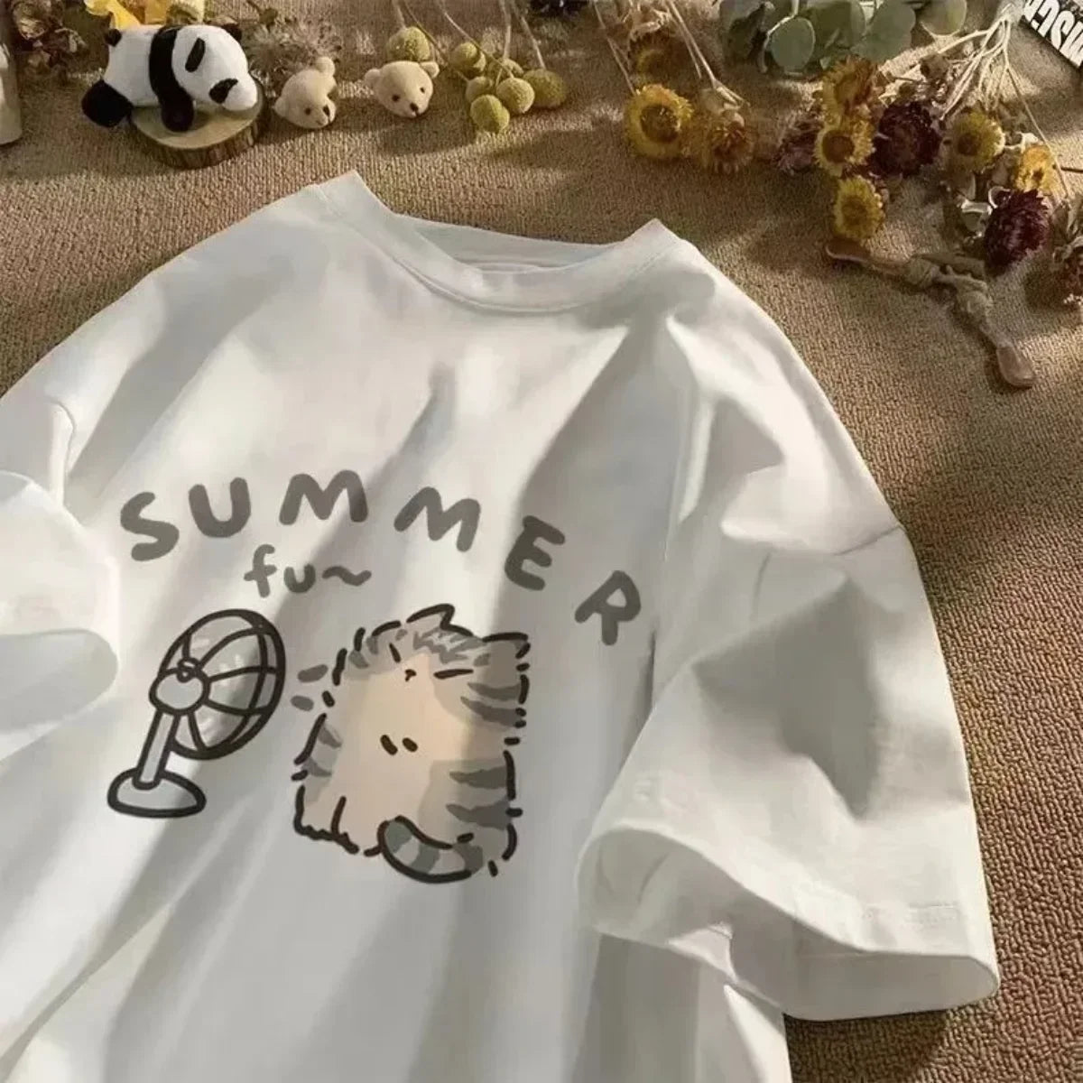 Summer Cat Print Funny Kids Woman Tees T-shirt Girls Short Sleeve Korean Kpop Clothes Casual Oversized Free Shipping