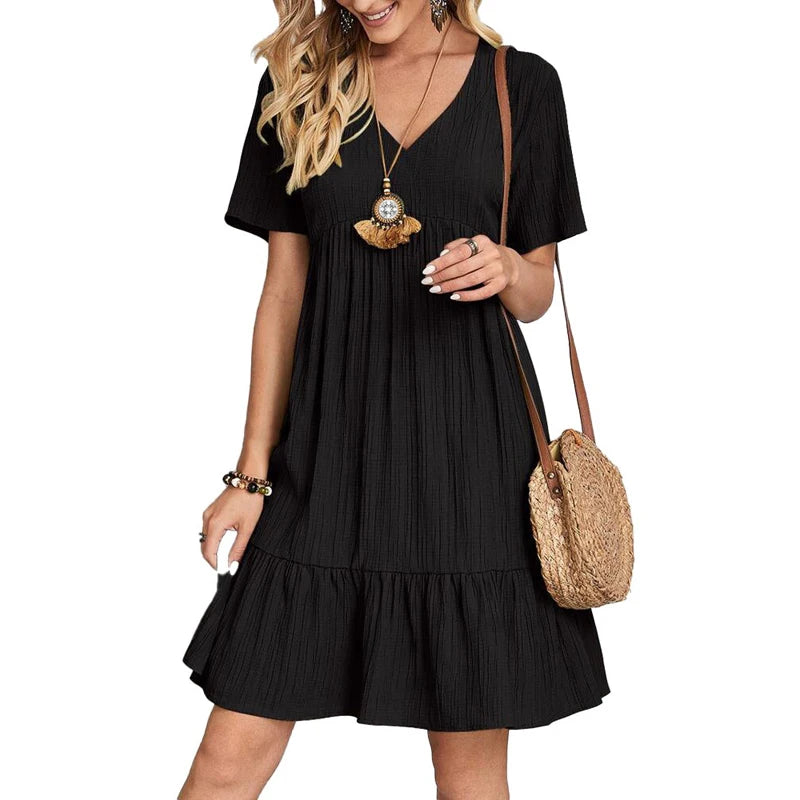 Summer Dress Women 2024 Solid V Neck A-Line Casual Loose Short Sleeve Mini Beach Dress Vintage Harajuku Fashion Woman Clothes