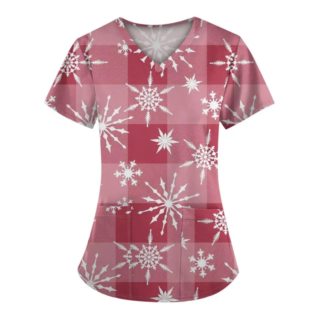 Women's work uniforms Christmas anime print cartoon V-neck tops ladies shirts nurse work clothes medical uniforms