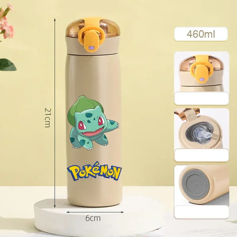 Pokemon 460ML Pikachu Portable Kids Thermos Mug with Straw Stainless Steel Cartoon Vacuum Flasks Cute Thermal Water Bottle