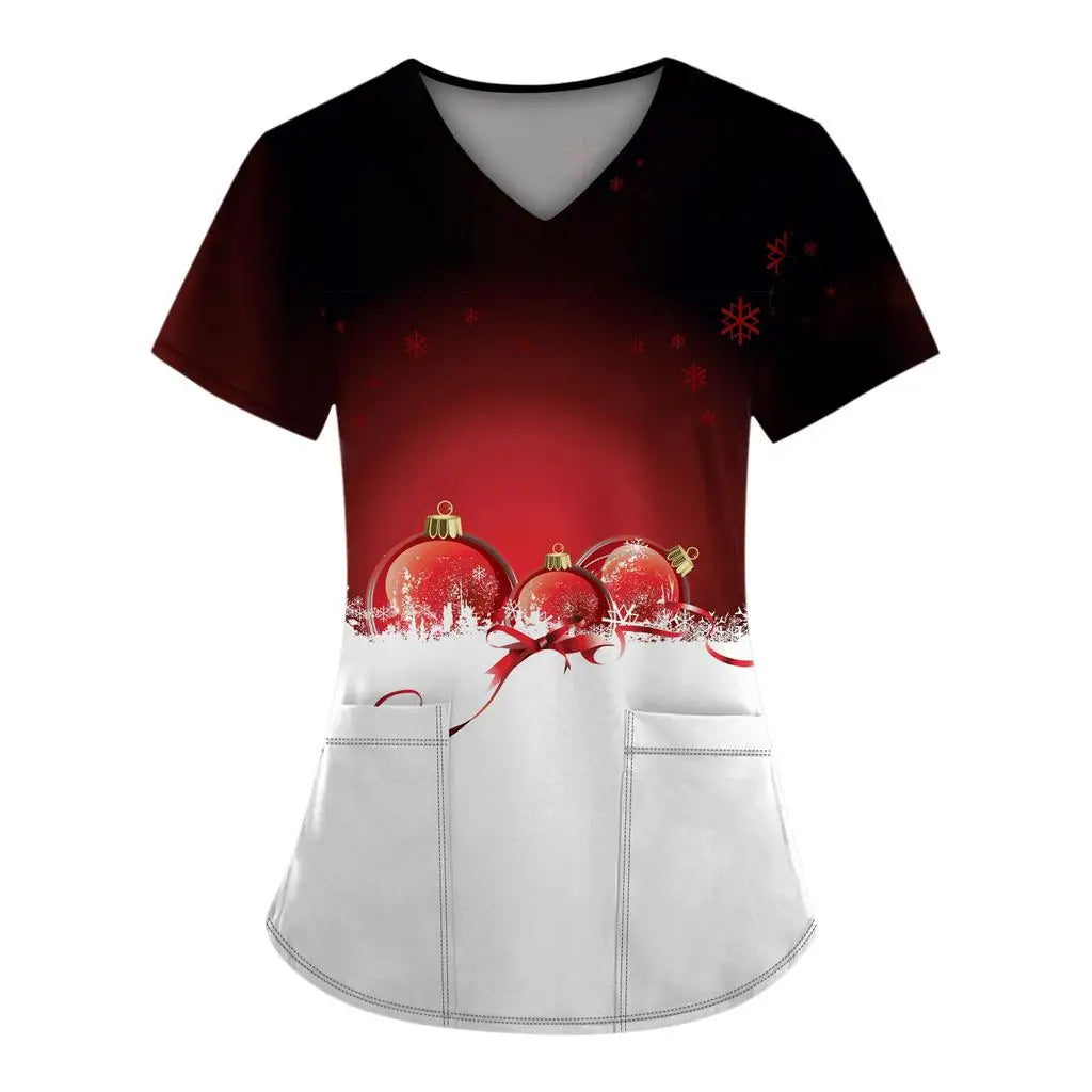 Women's work uniforms Christmas anime print cartoon V-neck tops ladies shirts nurse work clothes medical uniforms