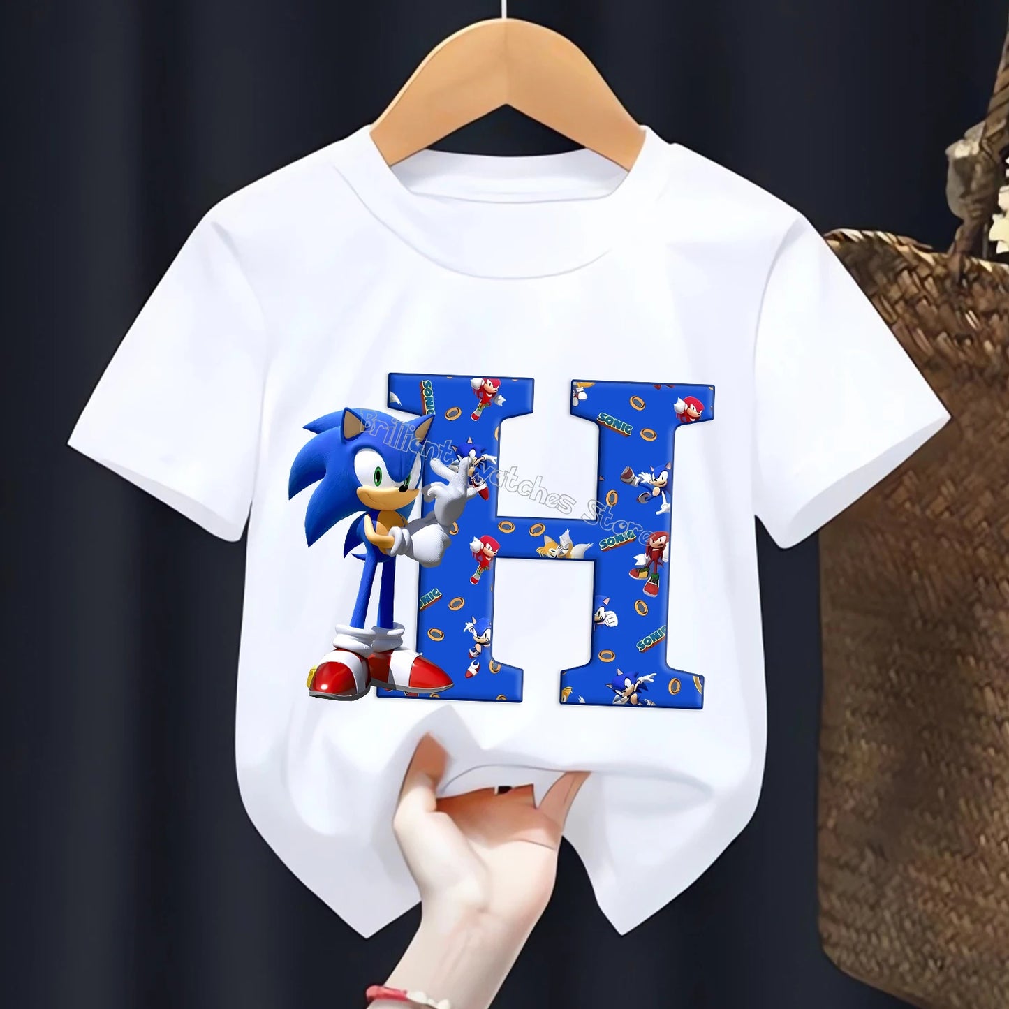 Sonic T-shirt for Children Letters A-Z Tee Top Cartoon Boys Clothes Fashion White Short Sleeve Kids Anime Loose Clothing Gift