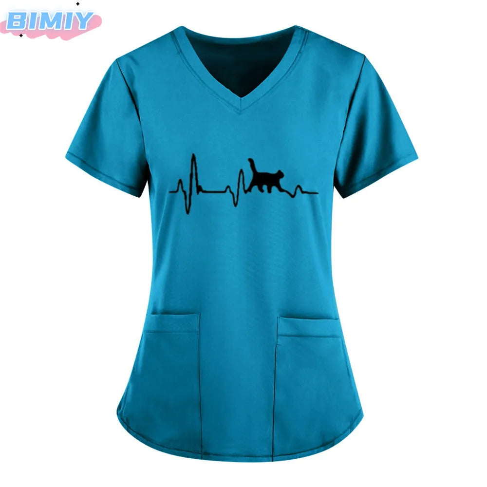 Letter Love Heart Nurse Uniform Print Tops V-Neck Pocket Medical Uniforms Nursing Scrubs Tops Working Clothes uniforme enfermera