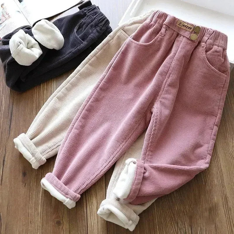 Kids Warm Pants Boy Girls Autumn Winter Corduroy Thick Outer Wear Sports Trousers 3-10Y Children Clothes Casual High Waist Pants