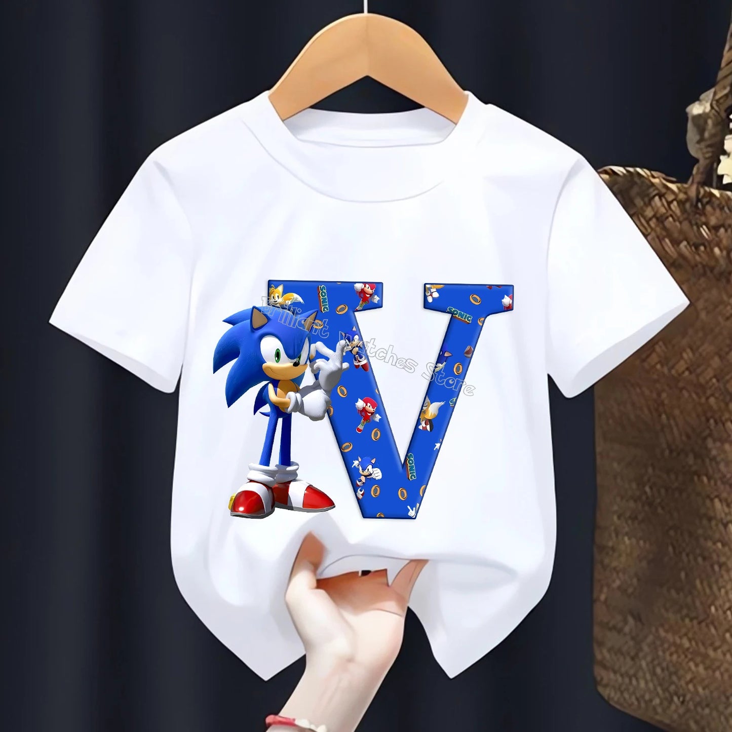 Sonic T-shirt for Children Letters A-Z Tee Top Cartoon Boys Clothes Fashion White Short Sleeve Kids Anime Loose Clothing Gift