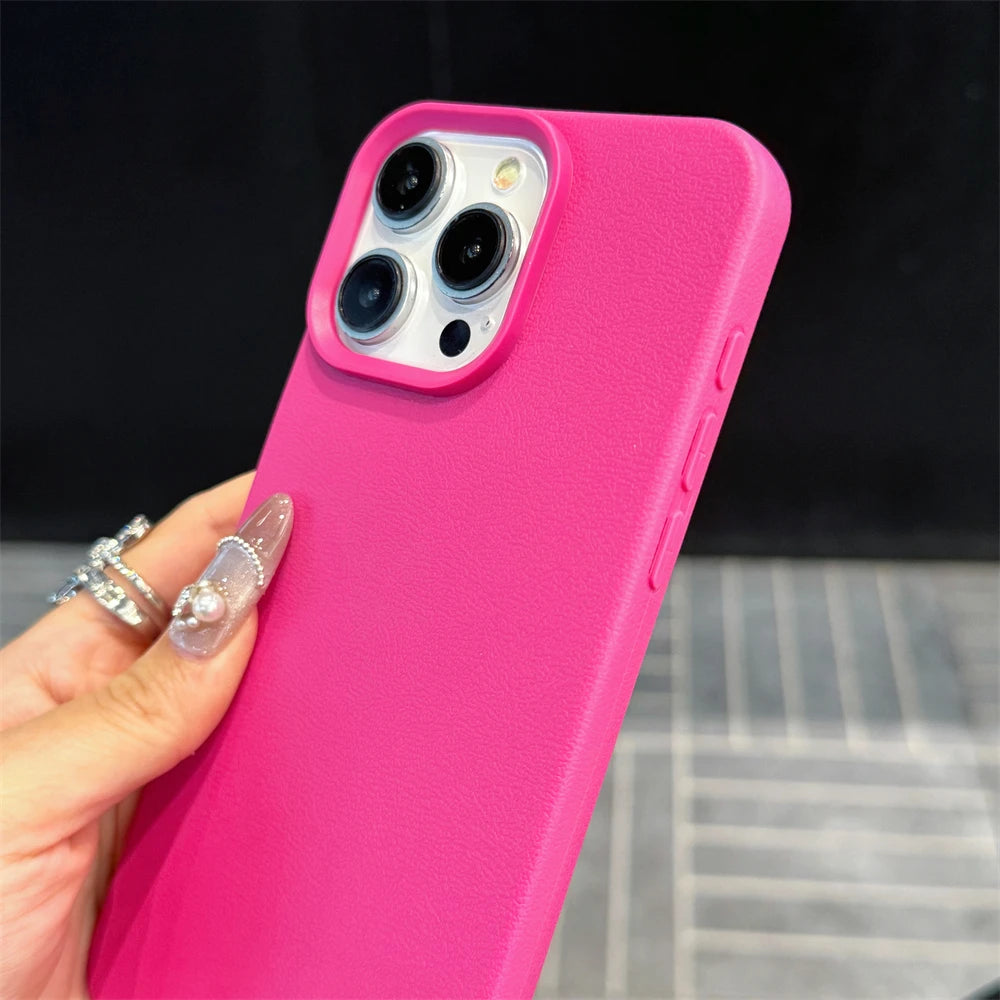 Fashion Cute Candy Leather Texture With Wrist Strap Case For iPhone 15 14 11 12 13 16 Pro Max Plus X XR XsMax Solid Color Cover