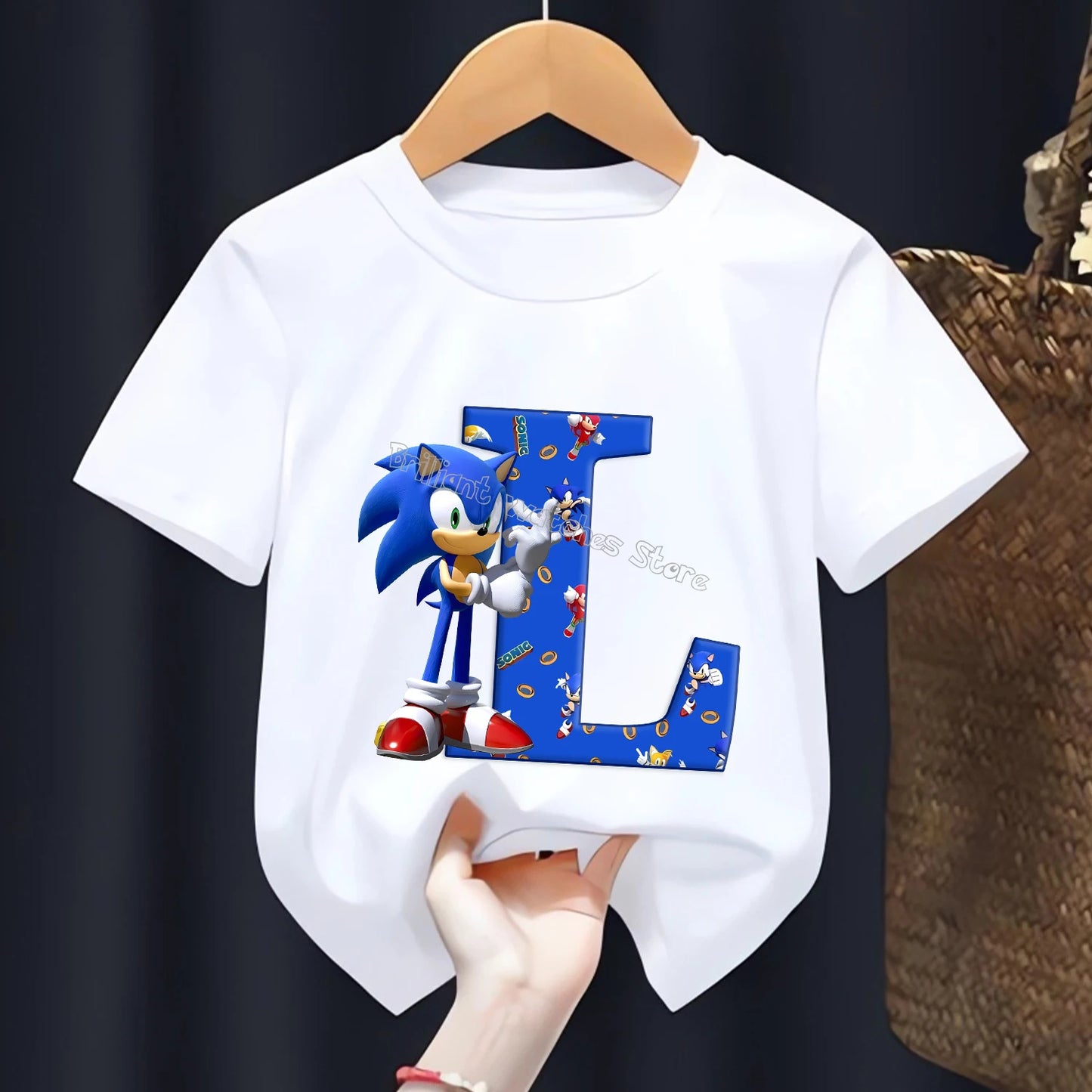 Sonic T-shirt for Children Letters A-Z Tee Top Cartoon Boys Clothes Fashion White Short Sleeve Kids Anime Loose Clothing Gift