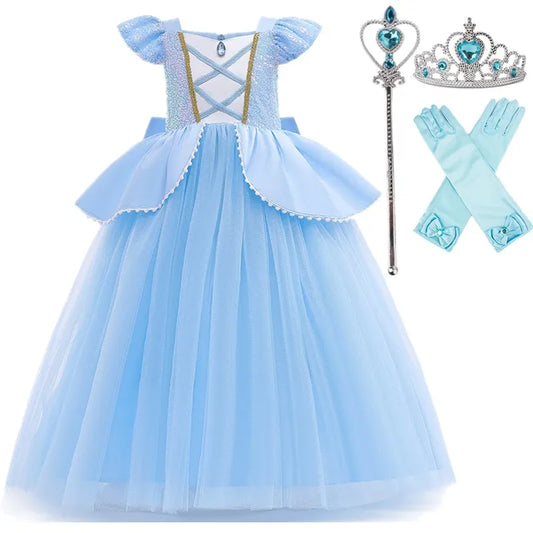 Cinderella Cosplay Costume Kids Clothes for Girls Sequins Princess Dress with Crown Gloves Birthday Party Ball Gown 3-10 Years