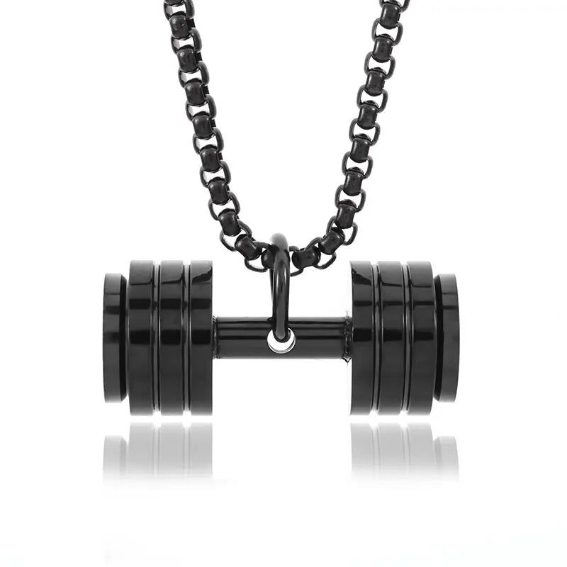 Fashionable dumbbell necklace designed for muscle men, perfect for sports and fitness. It's a great couple's gift and fits well with hip hop gym trends. Ideal jewelry for fitness lovers!