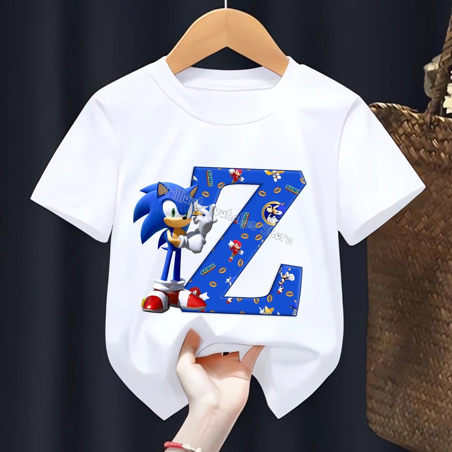 Sonic T-shirt for Children Letters A-Z Tee Top Cartoon Boys Clothes Fashion White Short Sleeve Kids Anime Loose Clothing Gift