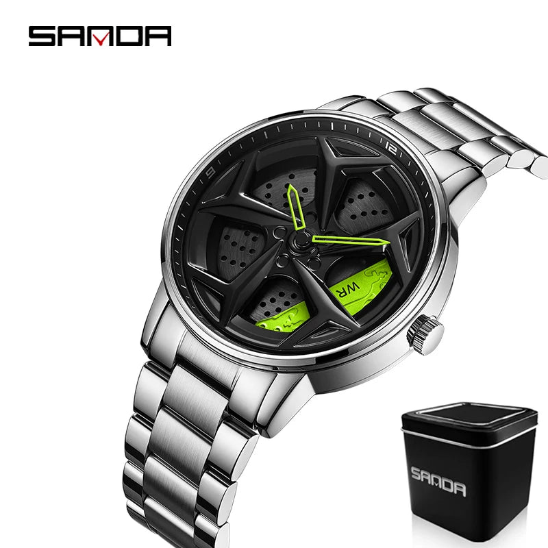 SANDA P1087 Top Brand Sport Car Wheel Rim Hub Watches For GTR Men Super Watch Stainless Steel Waterproof WristWatch Male Reloj