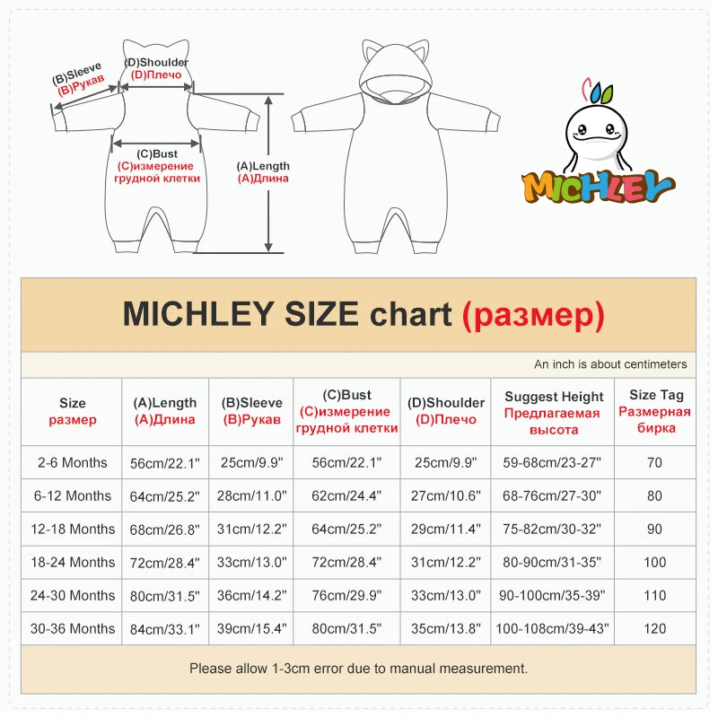 MICHLEY Halloween Baby Rompers Winter Clothes Flannel Hooded Bodysuits Pajamas Animals Overall Jumpsuit For Girls Boys Kids