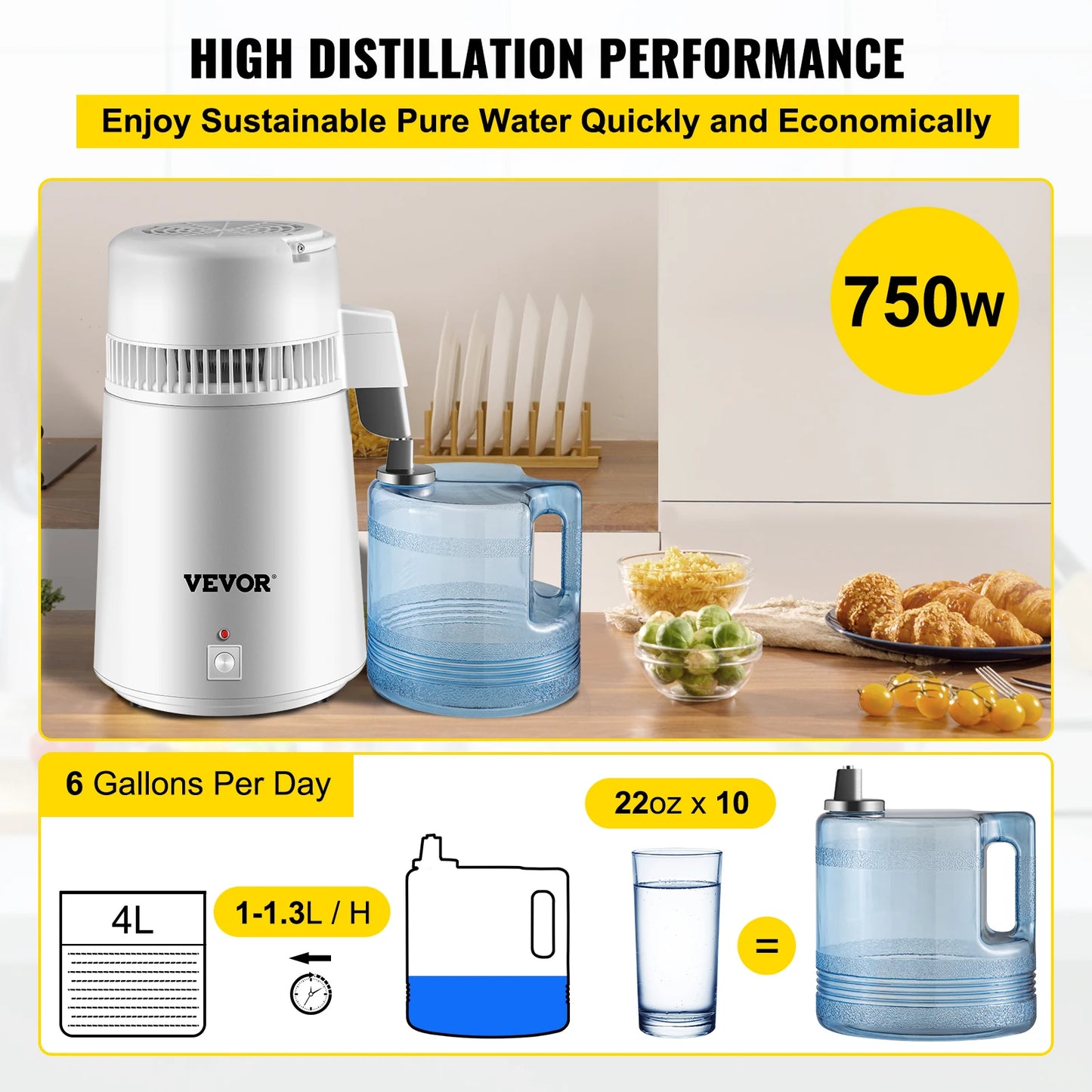 VEVOR 4L Water Distiller Purifier Filter Dispenser Heating Drinking Bottle Softener 304 Stainless Steel for Office Homes