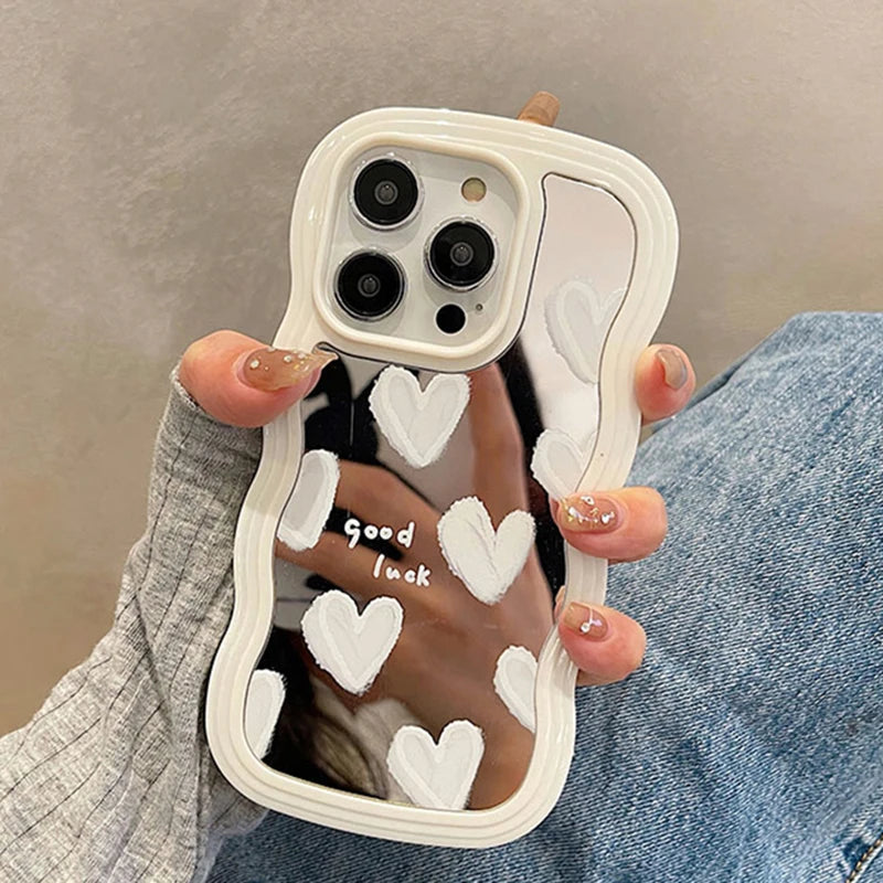 Korean Lovely White Heart Makeup Mirror Case For iPhone 14 15 16 Pro Max 13 11 12 14 Plus XS X XR Shockproof Soft Cover