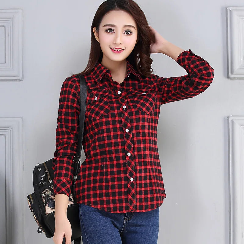 Women's Plaid Shirts 2023 Autumn New Ladies Casual Long Sleeve Pocket Cotton Shirt Fine Elegant Lady Checked Tops Clothes