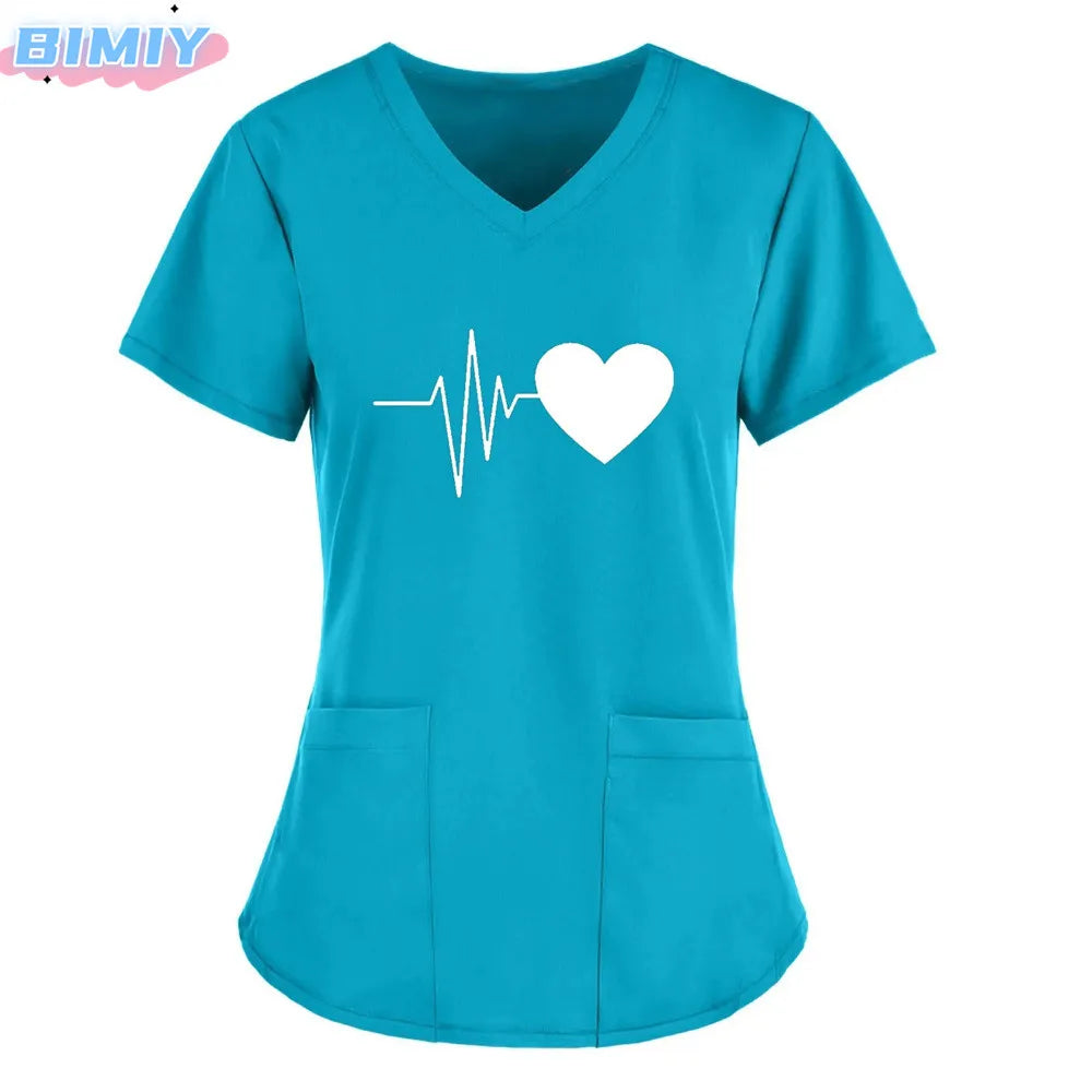 Letter Love Heart Nurse Uniform Print Tops V-Neck Pocket Medical Uniforms Nursing Scrubs Tops Working Clothes uniforme enfermera