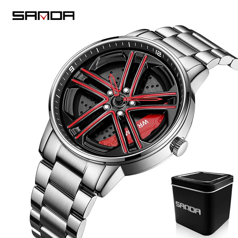 SANDA P1090 Regarder Mens Rim Hub Watch Wheel Wristwatch Clock Sport Car Creative 360 Spinning male WristWatches Reloj de hombre