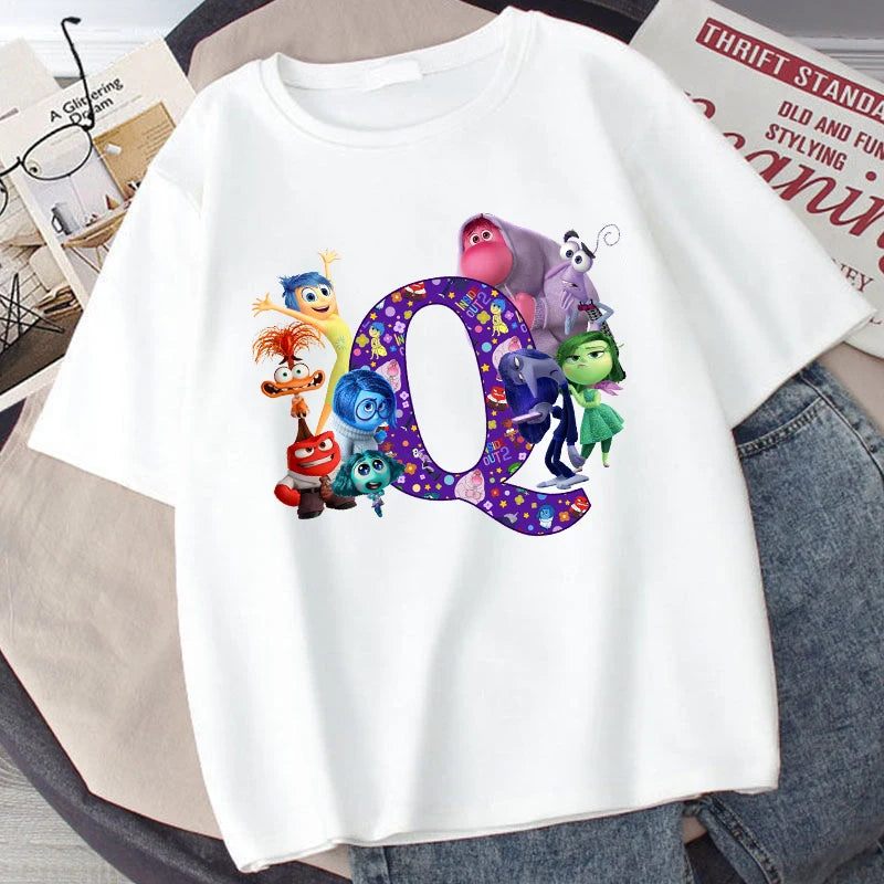 Disney Inside Out 2 Kids Cotton T-Shirt Anime Cartoon 26 Letter Printed Top Summer Loose Comfort Pullover Casual Clothes Gifts