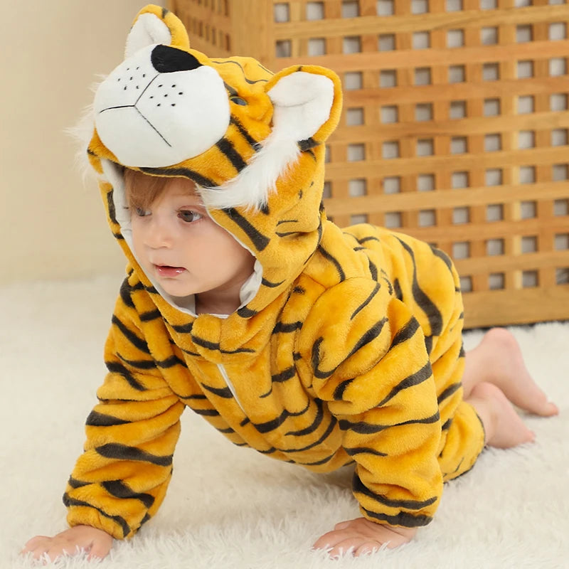 MICHLEY Halloween Baby Rompers Winter Clothes Flannel Hooded Bodysuits Pajamas Animals Overall Jumpsuit For Girls Boys Kids