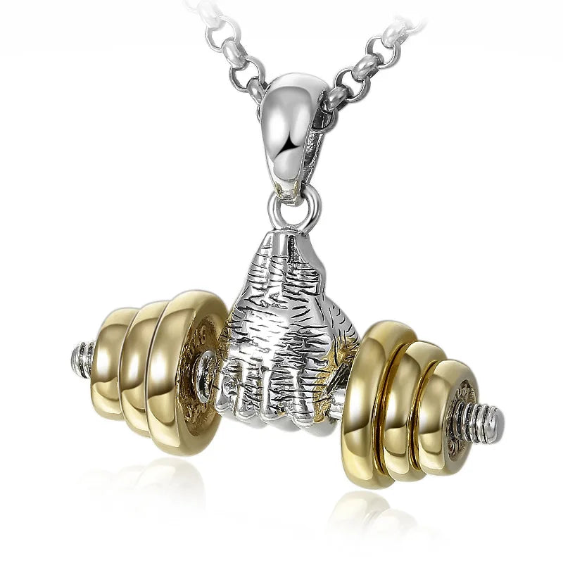 Fashionable dumbbell necklace designed for muscle men, perfect for sports and fitness. It's a great couple's gift and fits well with hip hop gym trends. Ideal jewelry for fitness lovers!