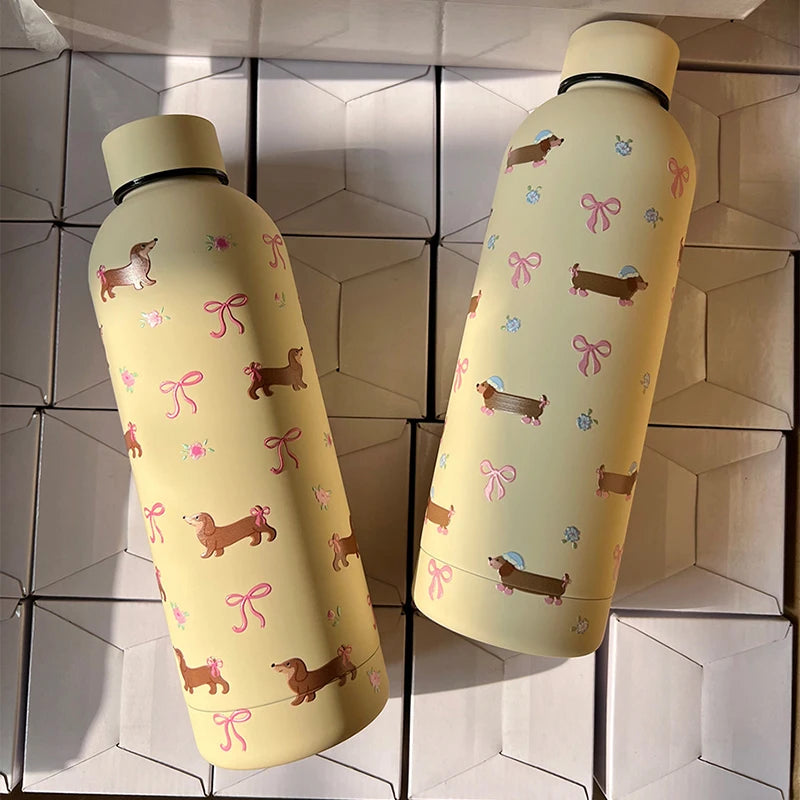 Kawaii Puppy Coffee Tumbler Stainless Steel Thermos Bottle Cup Cute Korean Travel Insulated Flask Thermal Water Bottle 500ml