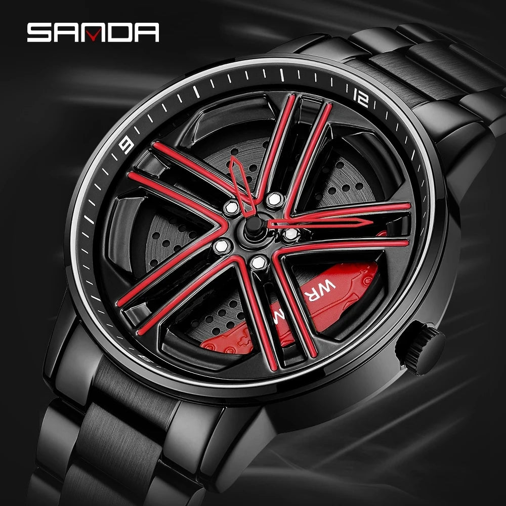 SANDA P1090 Regarder Mens Rim Hub Watch Wheel Wristwatch Clock Sport Car Creative 360 Spinning male WristWatches Reloj de hombre