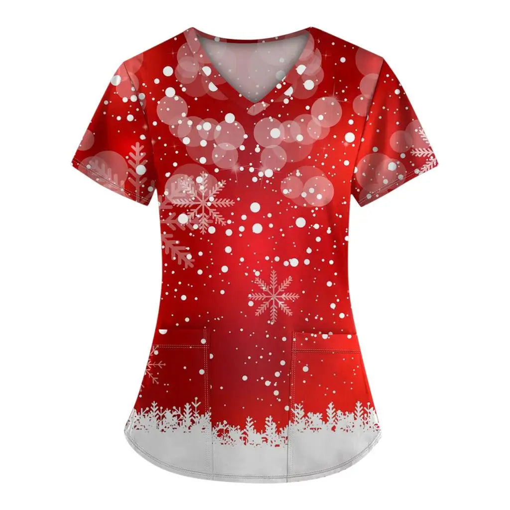 Women's work uniforms Christmas anime print cartoon V-neck tops ladies shirts nurse work clothes medical uniforms